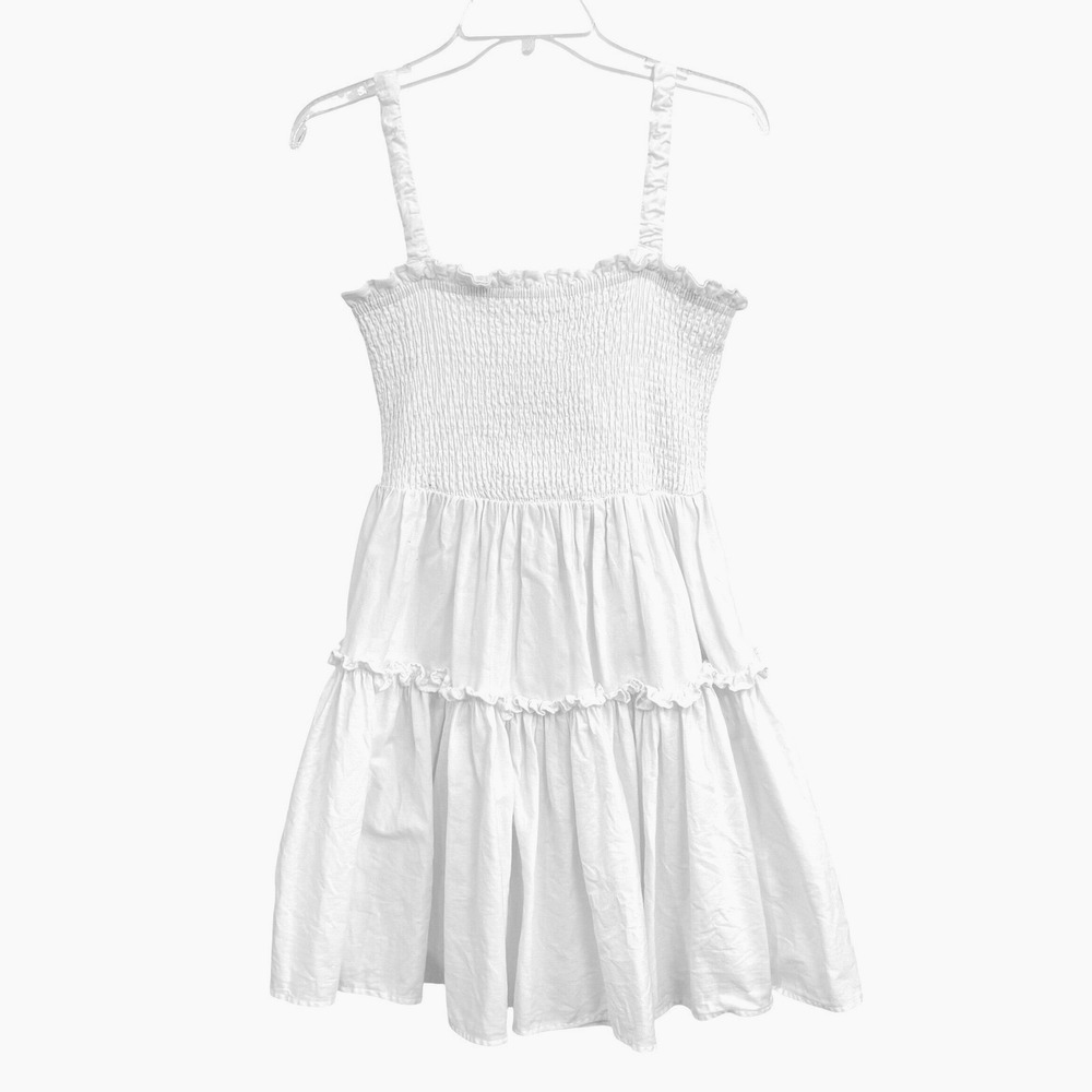 Idem Ditto White Cotton Smocked Full Tiered Mini Dress Cutout Back Womens M EUC